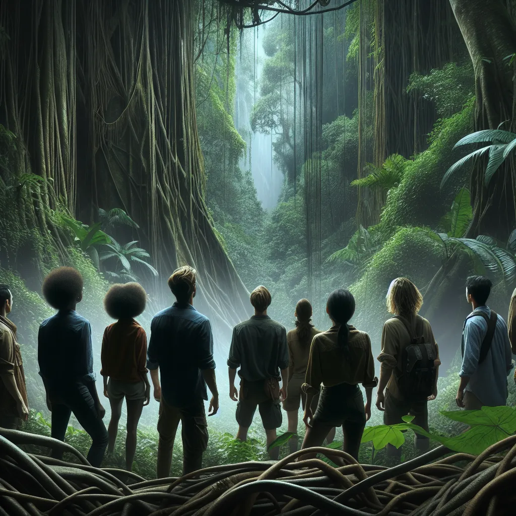 A group of explorers stands at the edge of a dense, mysterious jungle. Thick vines and tall trees create an atmosphere of excitement and danger. They peer into the unknown, ready to embark on an epic adventure.