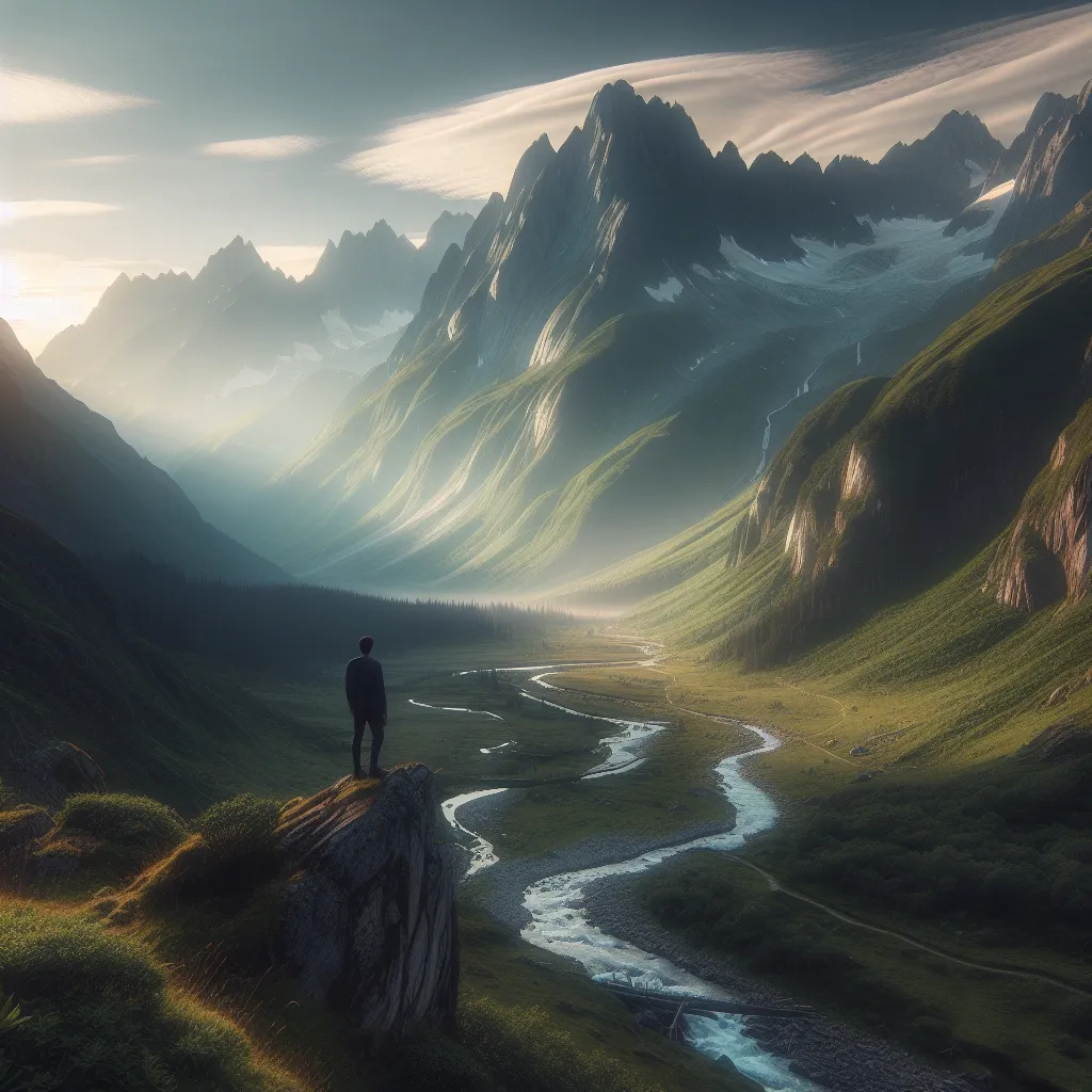 Apologies for the confusion earlier. Here's a concise description for the image:

"A serene mountain landscape with peaks shrouded in mist, a winding river flowing through a lush valley, and a lone figure standing on a rocky outcrop, gazing at the majestic scenery."