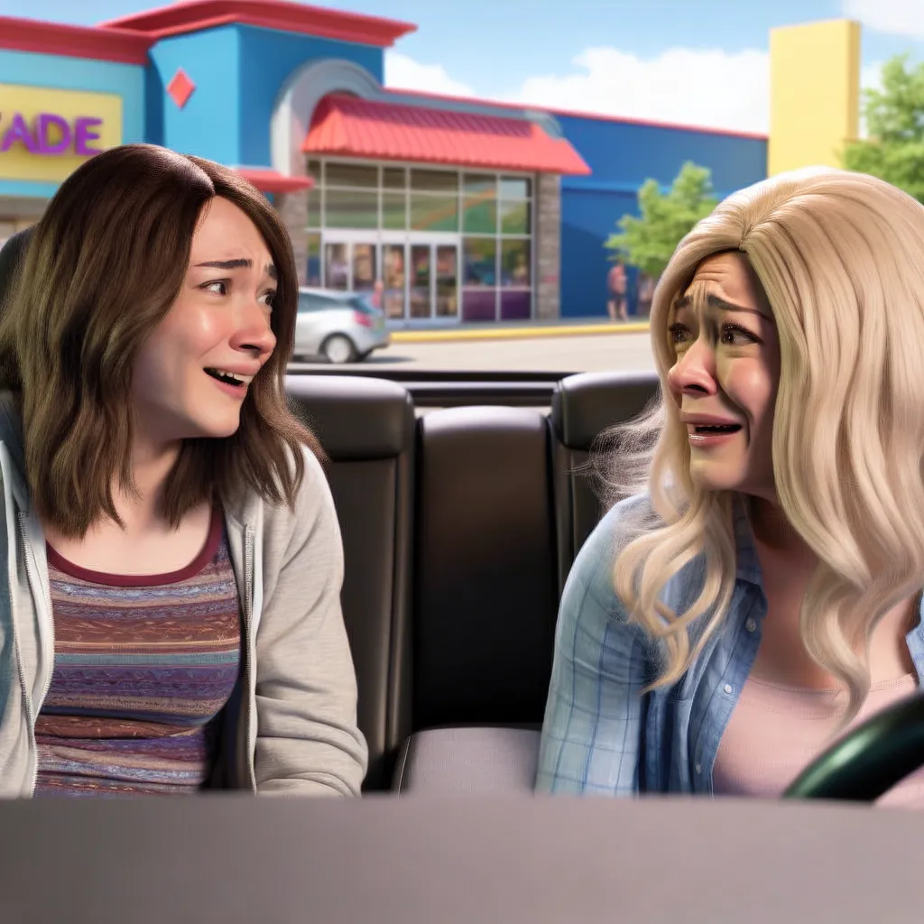 The image should show two friends, one in the body of his friend's mom, sitting in a car outside an arcade. The friends are exchanging confused and amused expressions as they discuss their unexpected body swap and make plans to spend the day exploring the mall.