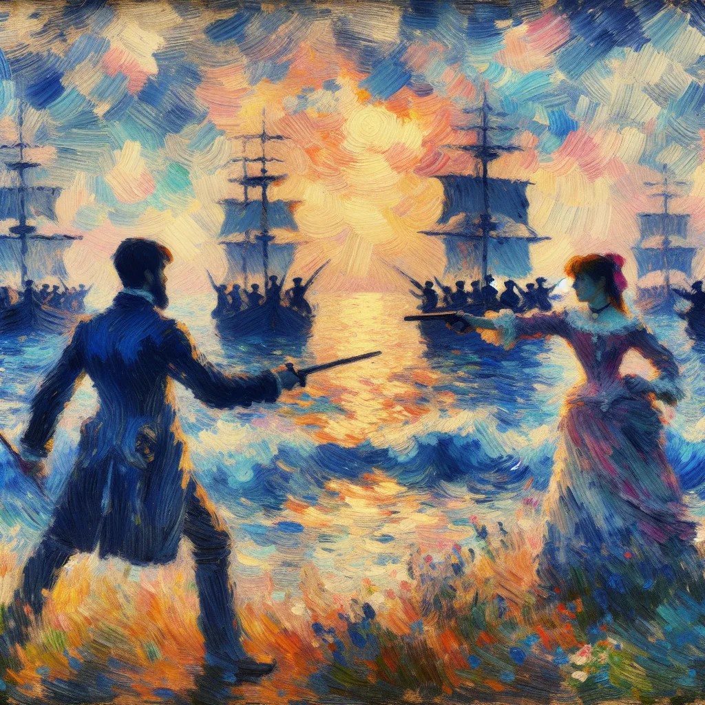 Battle, Face-off, Clash, Characters, Showdown in the style of Monet