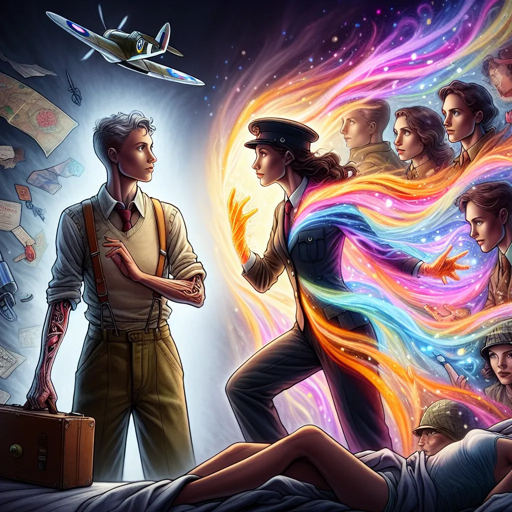 An illustration depicting a young woman undergoing a magical body transformation, torn between her original identity as Trevor Maloney and her new life as the kind-hearted Miyafuji Yoshika. The image captures the emotional struggle, vulnerability, and complexity of the character's journey, set against a backdrop of wartime intrigue and personal introspection.