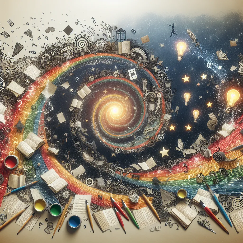 An abstract representation of storytelling transformation, combining elements of writing and creativity.