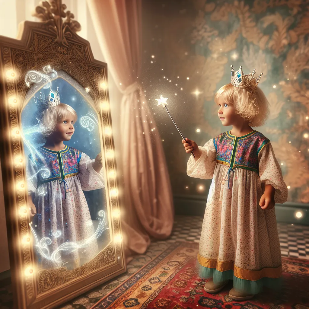 The image will showcase a small blonde boy in a princess dress and crown, holding a wand and standing in front of a mirror. The room is softly lit, with the reflection showing the boy's transformed appearance as a girl. The scene captures a mix of confusion and curiosity in the boy's expression, highlighting the magical gender swap that has taken place.