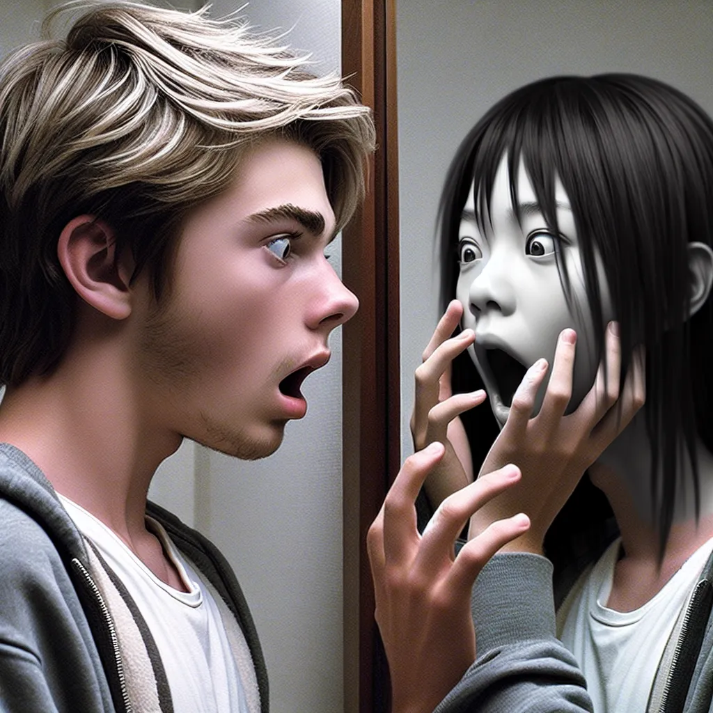 Description: The image shows a young teenage boy standing in front of a mirror, a look of shock and horror on his face. In the reflection, he sees a Japanese teenage girl with long, silken hair, their hands reaching up to brush the hair away from their face. The image captures the disorienting and unsettling moment when the boy realizes he has been cursed and trapped inside the body of another. The juxtaposition of the two identities creates an eerie atmosphere, hinting at the psychological and 