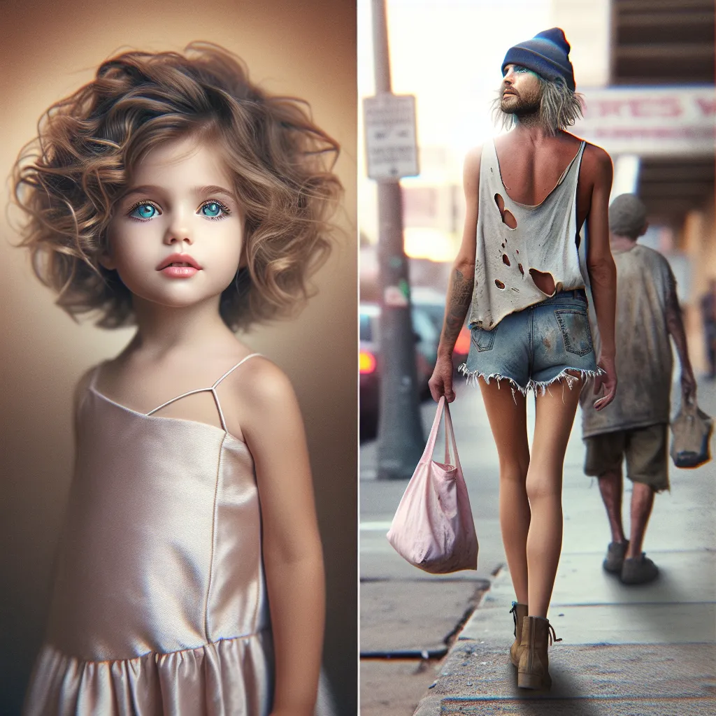 Image description: A photo of a young boy with curly blond hair and bright blue eyes. He is wearing a short, slightly tousled hairstyle and a feminine outfit. In the background, a homeless woman named Stephanie walks down a street wearing a tattered tank top and frayed shorts. She carries a purse and a pink tote bag on her shoulders. The image represents the transformation and subsequent life experiences of the boy, William, as he becomes Stephanie and navigates homelessness and addiction.