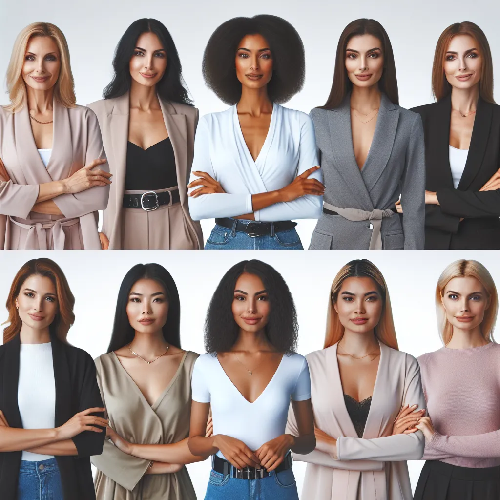 An image of a diverse group of women, each with their own distinctive appearance and style, standing together confidently.