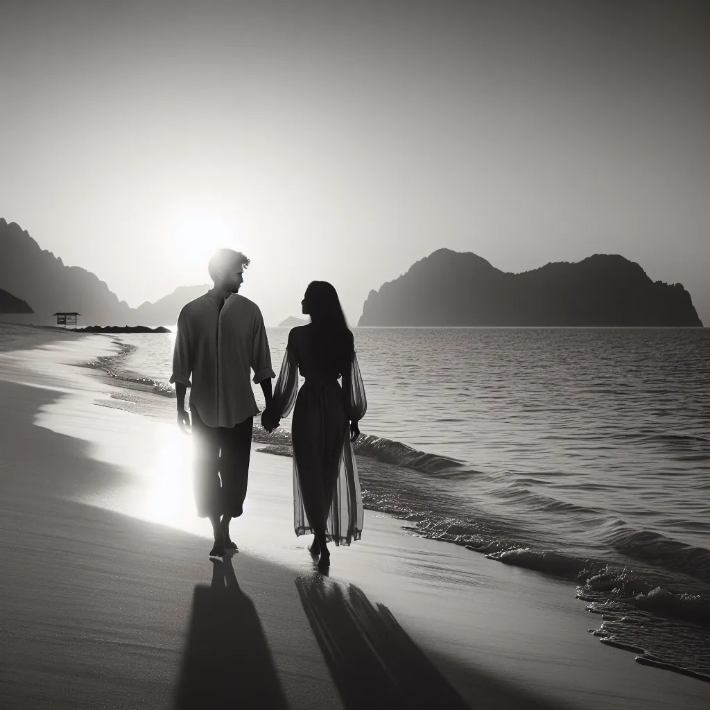 A black and white photograph of a man and a woman walking hand in hand along a peaceful beach at sunrise.