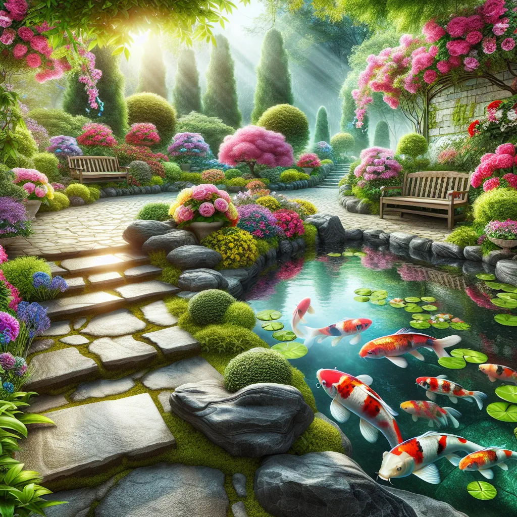 A serene and peaceful garden scene with vibrant flowers, a meandering stone pathway, and a small pond with colorful koi fish swimming lazily. A stone bench is nestled in a corner, inviting anyone to relax and enjoy the beauty of nature. The image exudes tranquility, providing a visual representation of serenity and calmness.