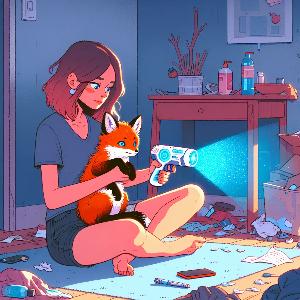 Image Description: The image depicts a young woman sitting cross-legged on the floor of her cluttered apartment. In her lap, a small crimson fox cub lies, its body trembling with fever. The woman is holding a small, sleek device in her hand, resembling a cross between a futuristic weapon and a medical scanner. The device emits a soft blue light, casting a glow over the room. The woman's face is filled with a mixture of hope and determination as she aims the device at the cub, preparing to activa