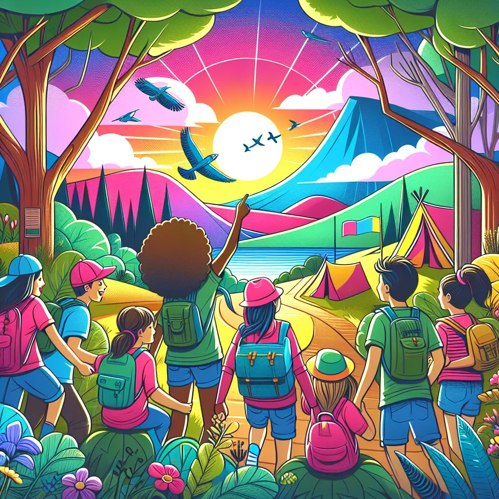 Description: A vibrant and heartwarming illustration depicting a group of diverse friends embarking on an exciting outdoor adventure, discovering the wonders of nature together.