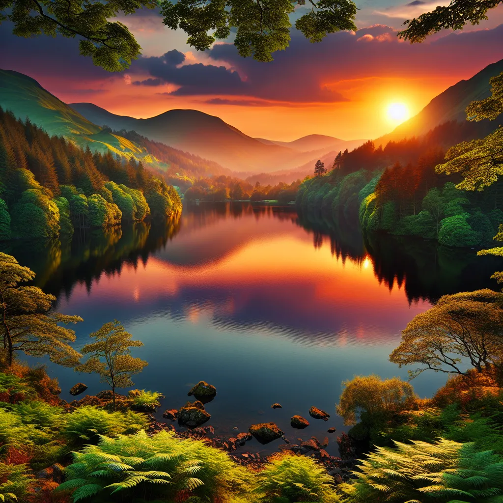 A serene landscape with a vibrant sunset reflecting on a calm lake, surrounded by lush green mountains.