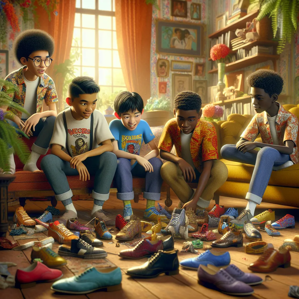 This image will depict the scene of five boys in a living room, preparing to try on their mothers' shoes in a light-hearted and curious manner. The boys, all aged 10, are described in graphic tees and jeans as they gather around the collection of shoes in a messy yet cozy room. It captures their expressions of excitement and uncertainty as they embark on a whimsical adventure that leads to an unexpected and fantastical transformation into their mothers.