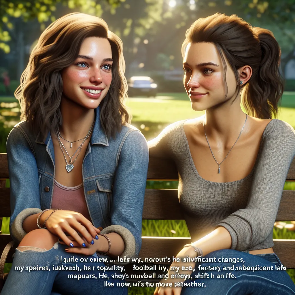 A young woman named Max, who recently transformed from male to female due to a scientific gender wave, meets her friend Alex at a park. Despite the unusual changes, Max remains energetic and upbeat. Alex admires Max's new appearance but notes that the glint in her eyes hasn't changed. Max jokes about her newfound popularity and shares her love for football and manicures. They discuss Max's ongoing adjustment and bond over their friendship, vowing to navigate this new normal together. The image c