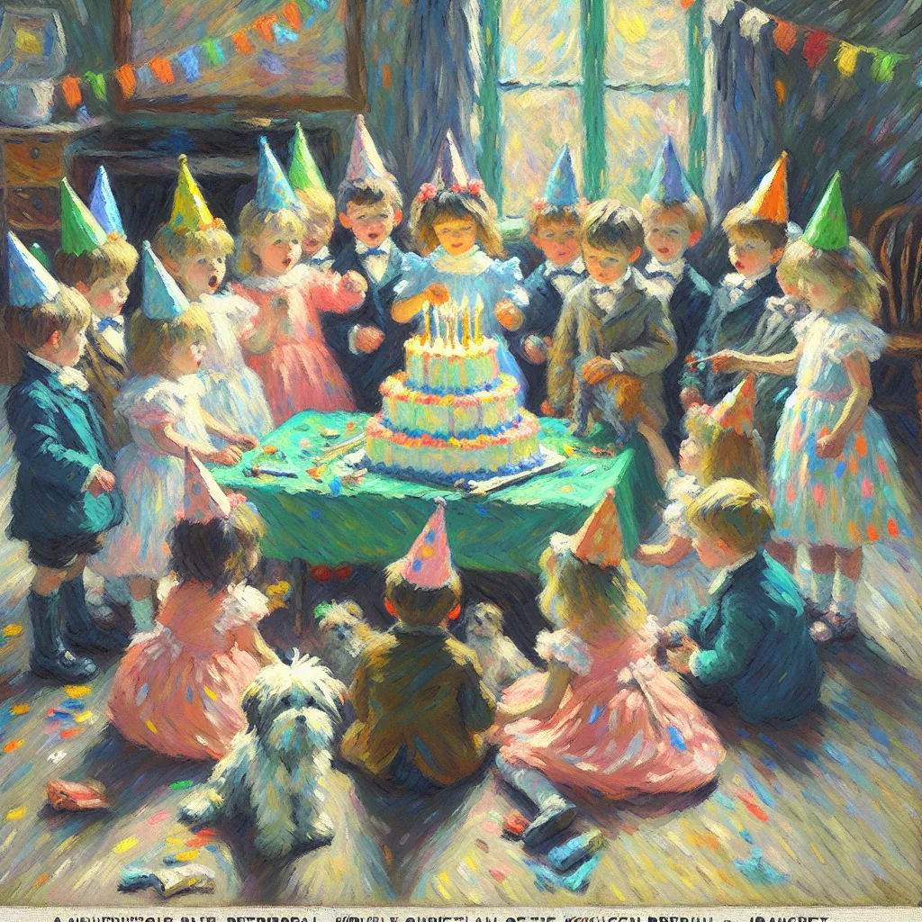 Adventure, Peculiar, Birthday, Youngest, Kindergarten. in the style of Monet