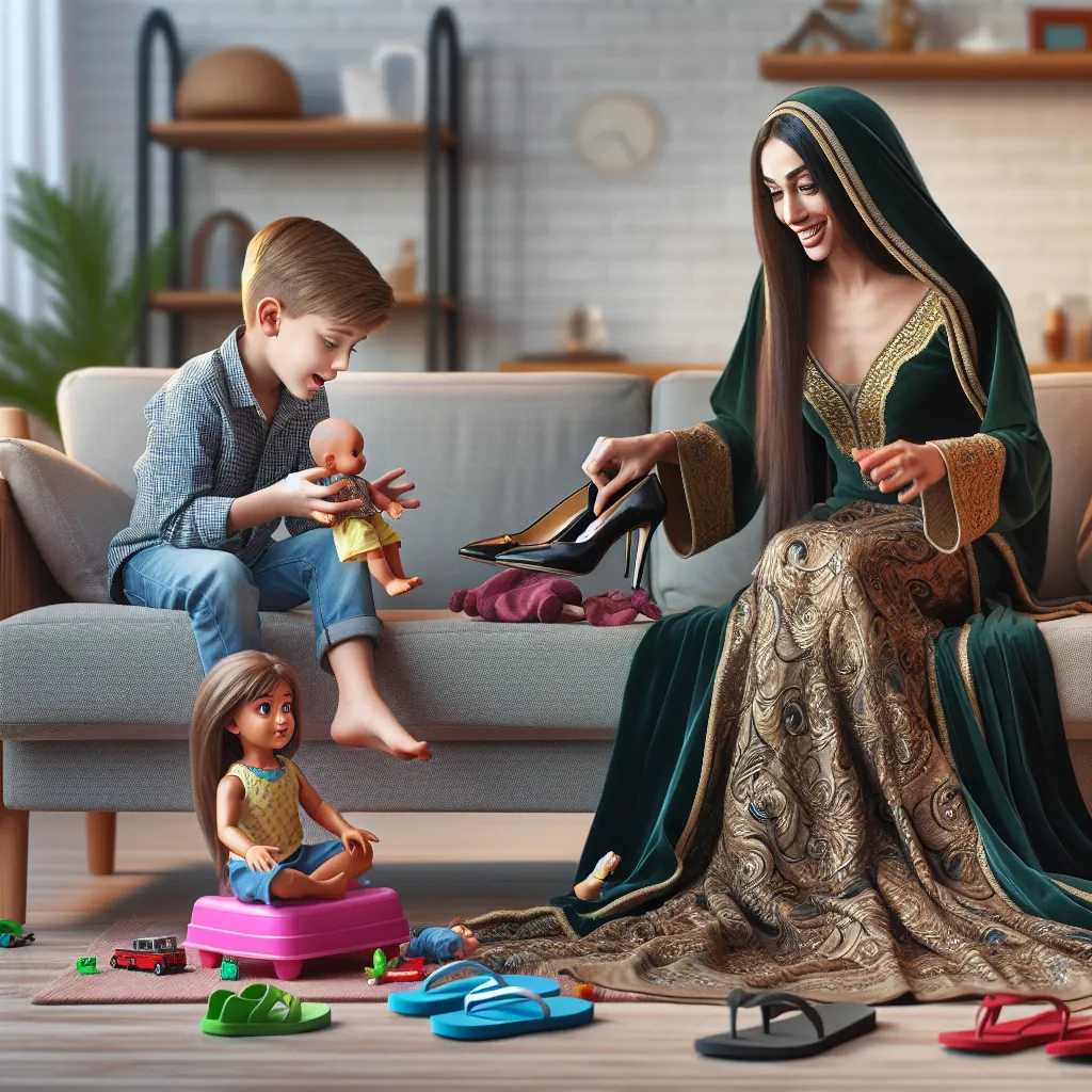 A 5-year-old boy named Timmy is sitting in a living room, chatting and playing with toys alongside his Middle Eastern friend, Amina. Suddenly, Amina's strict Muslim mother, Fatima, storms into the room, wearing a dark green gown with gold embroidery. Fatima yells at Amina and Timmy in Arabic, upset that Timmy, who is not Muslim or the same race as them, is present. She takes Amina's doll and hides it in her room. Meanwhile, Timmy quietly sneaks into Fatima's room to retrieve the doll. While sear