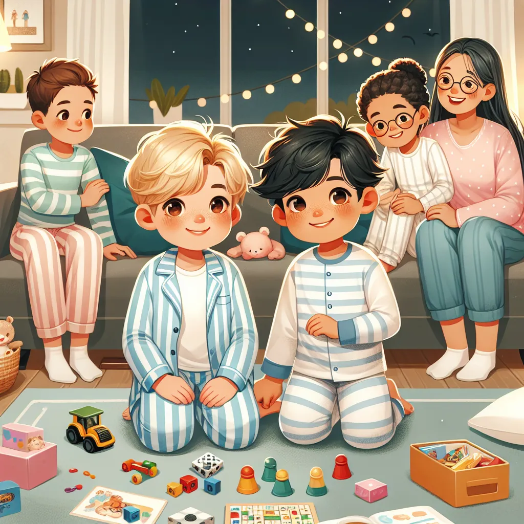 An intricate and heartwarming depiction of a sleepover between two young boys, featuring detailed descriptions of the characters, their families, and the playful activities throughout the evening and the following morning.
