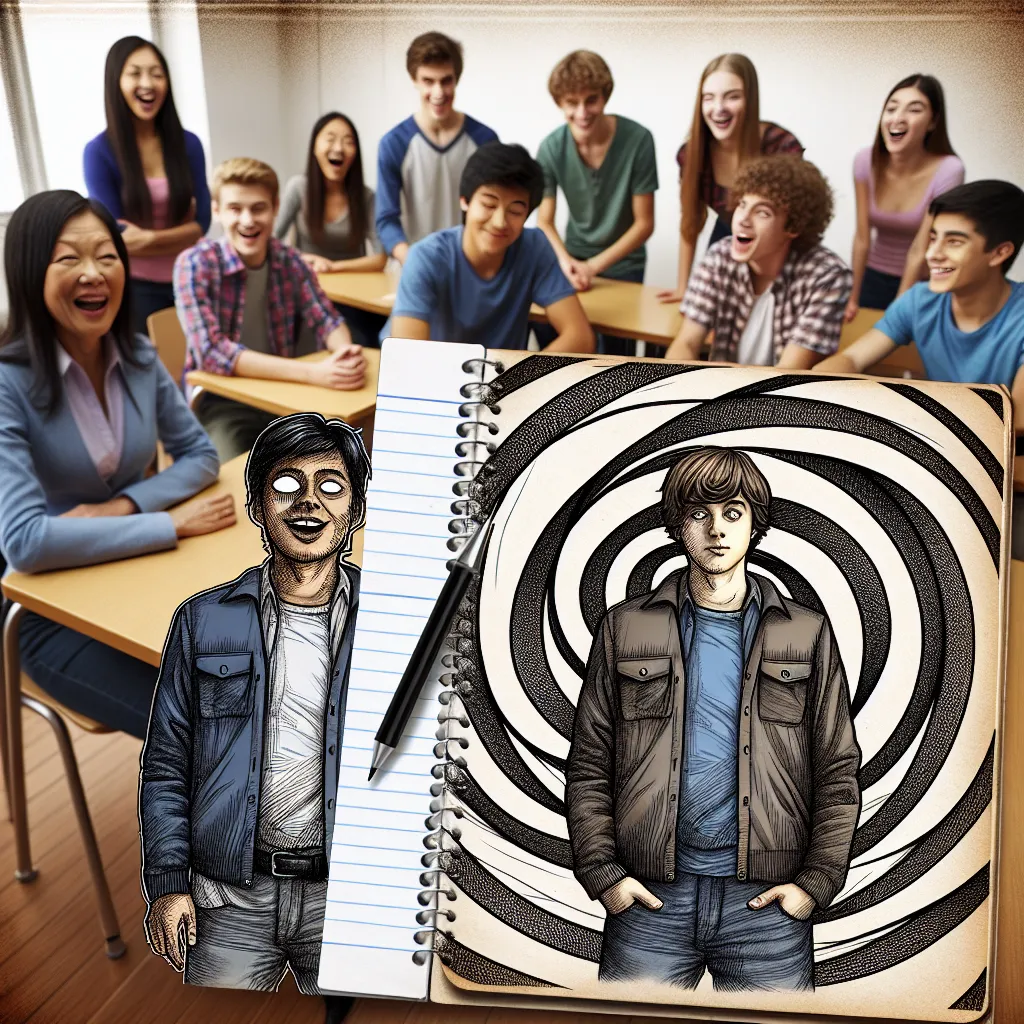 A lopsided, hand-drawn hypnotic spiral sits on a notebook, as a teenage student attempts to hypnotize their Japanese teacher. The teacher, Miss Kim, eyes closed and mesmerized, goes through a momentary transformation—emerging as a boisterous teenage boy named Kenji. The classroom erupts in laughter and shock as Miss Kim, or Kenji, embraces this newfound persona with audacious flair.