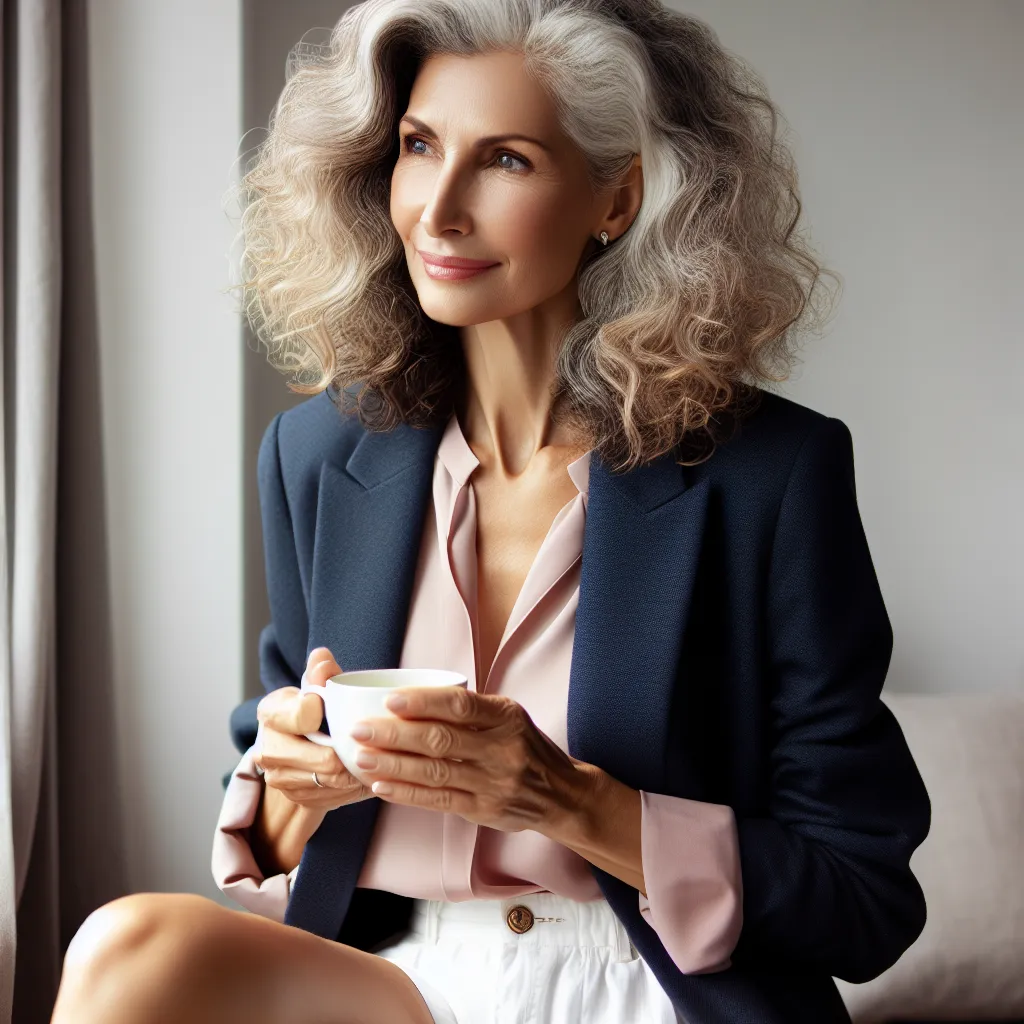 An image of a middle-aged woman with gray, curly hair, wearing a navy blue blazer over a light pink blouse and white dress shorts. She is holding a cup of tea and looking out a window with a content expression on her face.