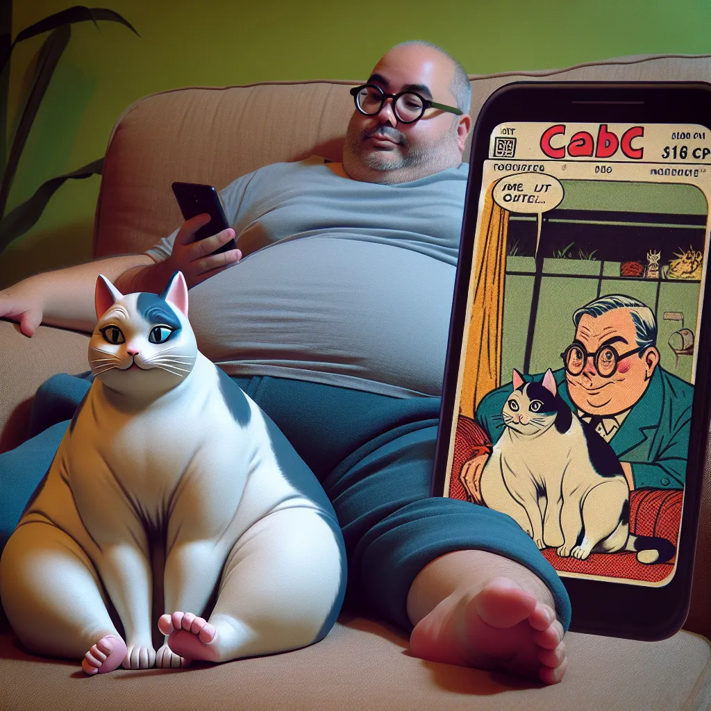 An image showing a man, Peter Griffin, slouched on a couch holding a smartphone with a fanart of two cat characters, Mitzi and Serafine, from the Lackadaisy world displayed on the screen.