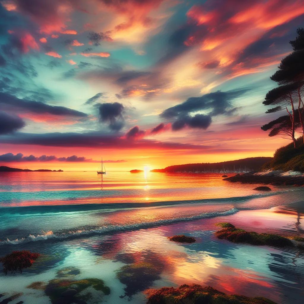 No worries! Here's a concise description for the image:

"A beautiful sunset over a tranquil coastal scene with gentle waves gently lapping against the shore, a lone sailboat in the distance, and colorful sky reflecting on the calm water."