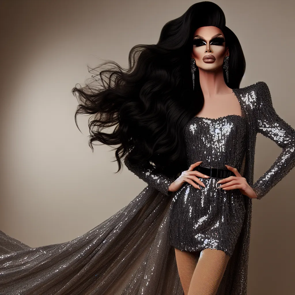 An image of a confident drag queen with long, flowing black hair and dramatic makeup, wearing a shimmering silver mini dress, standing tall with pride and resilience.