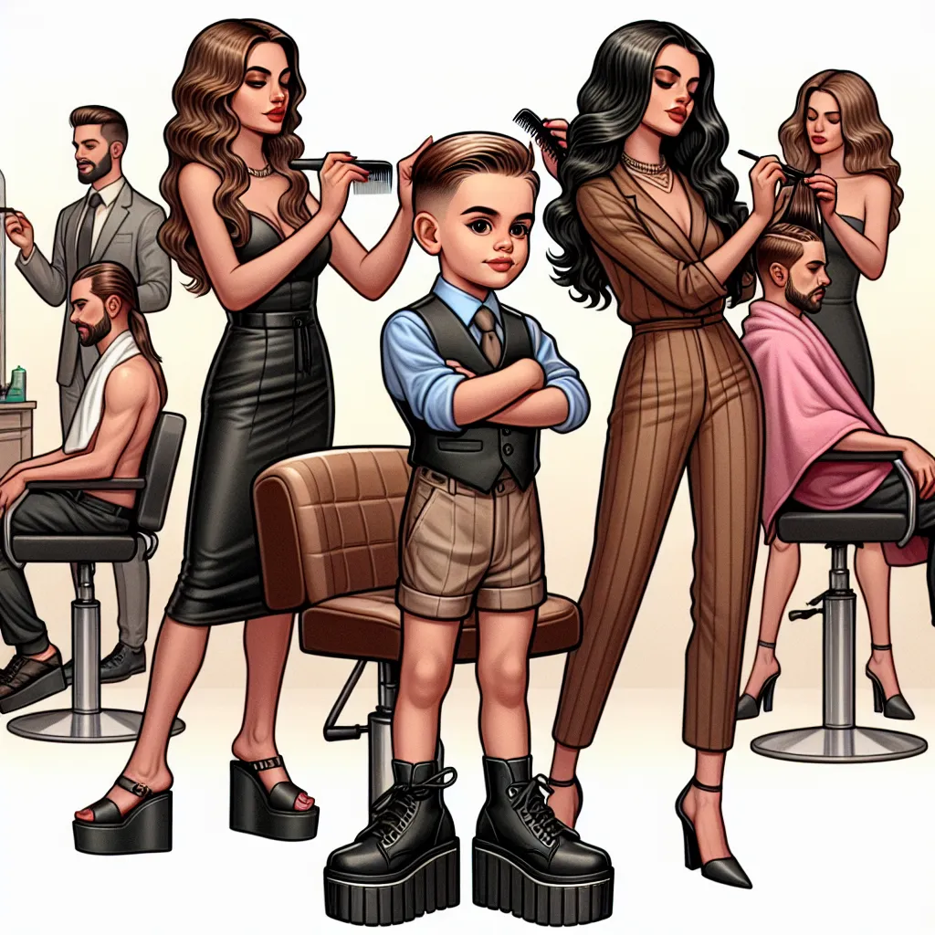 The image depicts a young boy named Alexander, who is transformed into Antonia, an Italian-American woman working at a salon. Antonia is wearing a platform sandal while in the process of styling a customer's hair, surrounded by her three colleagues.