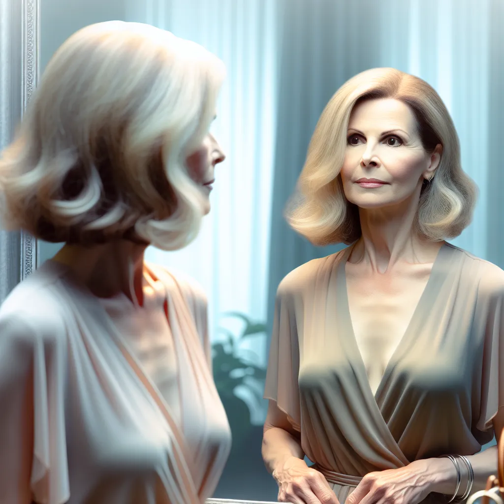 An image of a 38-year-old woman, Diane, dressed in elegant attire, standing confidently in front of a mirror, her reflection revealing her transformed appearance and capturing the essence of her newfound identity. The image portrays a sense of confusion and acceptance as Diane adapts to her new life, while memories of her previous existence as Emma fade away.