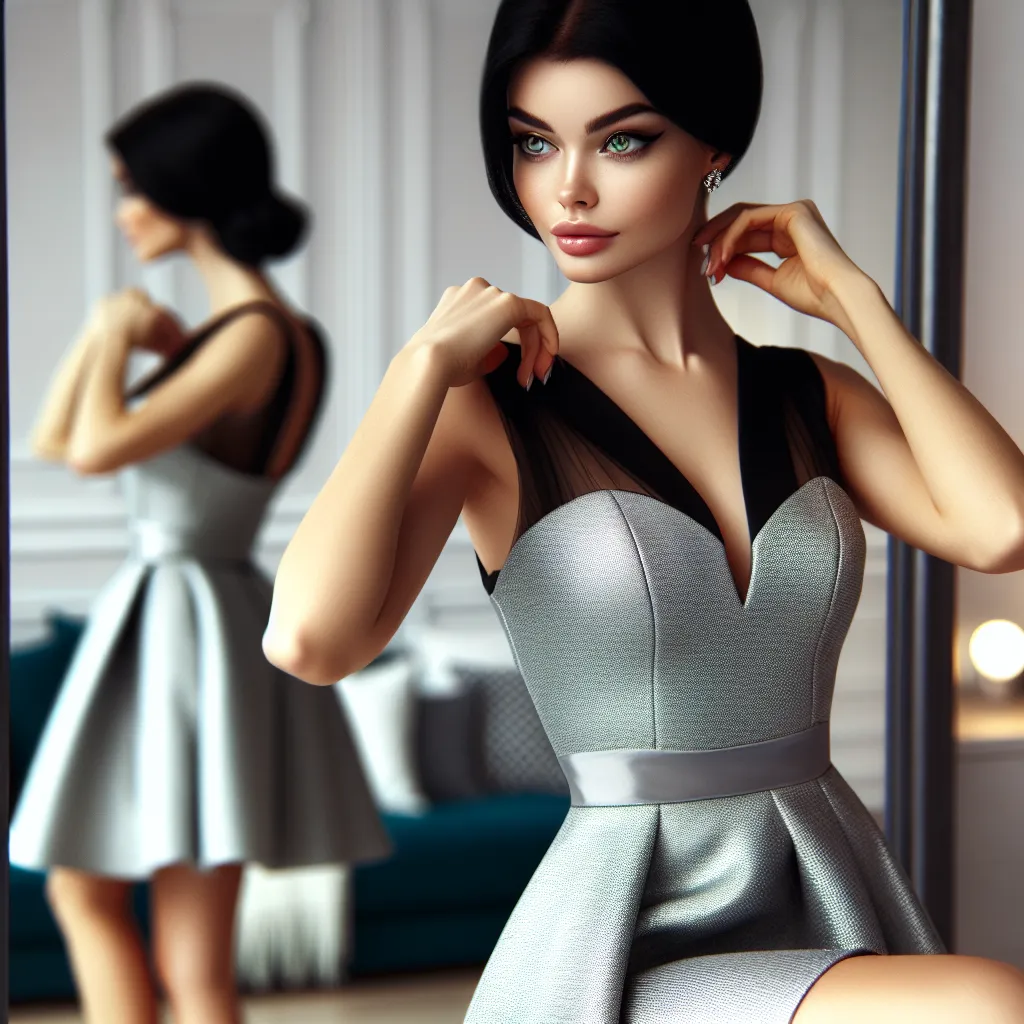 An image of a confident young woman, dressed in a shimmering silver mini-dress with a plunging neckline and clubbing sandals, preparing to head out to a club. She has sleek black hair, green eyes, and delicate features that exude self-assurance. The image captures her adjusting her outfit, ensuring that everything looks perfect, while her surroundings reflect a girly and vibrant aesthetic.