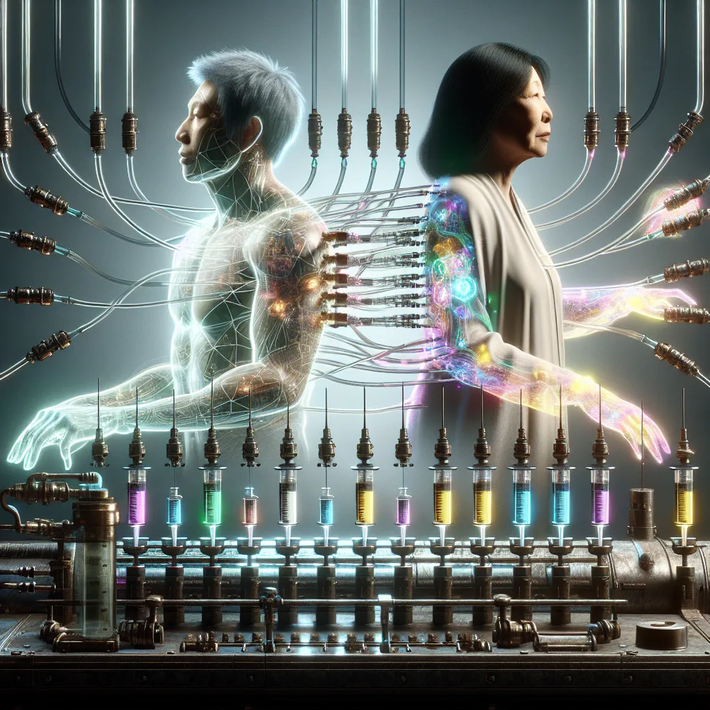 A haunting image depicting a Soul Exchanger device, with rows of humming machinery, tubes, needles, and glowing geometric patterns. Yoshika's soul separates from her body, forming a spectral chain, while Trevor's soul is merged with Yoshika's body.