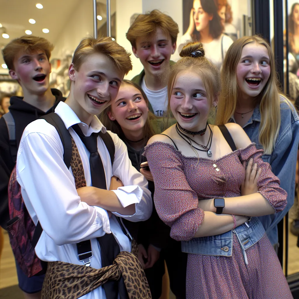 The image features two young males, one dressed in a feminine outfit and the other in a more casual attire, standing in front of a Victoria's Secret store. They both have mischievous grins on their faces, and people passing by are seen glancing at them in confusion and amusement. The image captures the humor and adventure of their body swap experience.