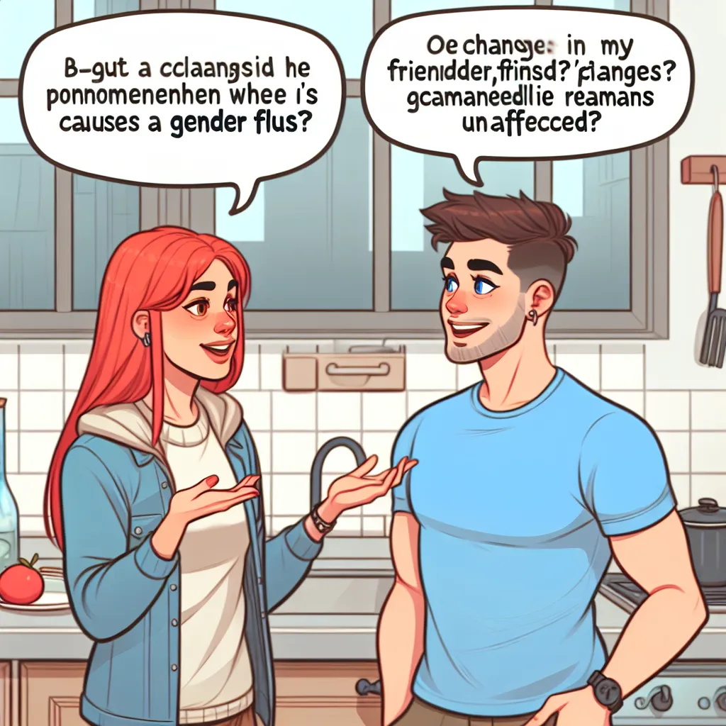 A redhead and a man in a kitchen exchange banter while discussing the comedic complications of a gender swap caused by the Gender Flu, with the redhead worried about their friend's attraction and the man ensuring they remain bros.