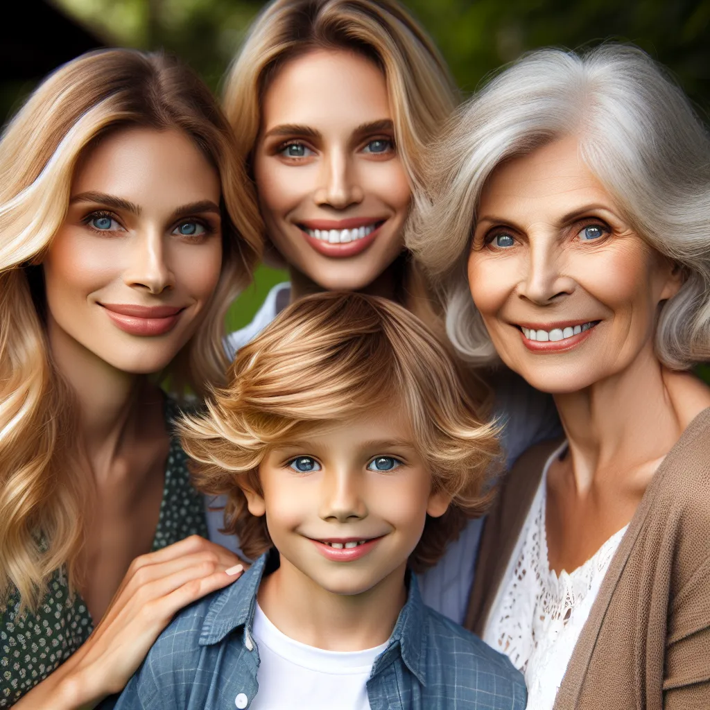 A family portrait featuring a six-year-old boy with bright blonde hair, blue eyes, and his mother, a woman in her late 20s with long wavy brown hair and hazel eyes. They are joined by the boy's grandmother, a woman in her late 50s with short curly gray hair and pale blue eyes. They are dressed in casual attire, smiling and standing in a garden.