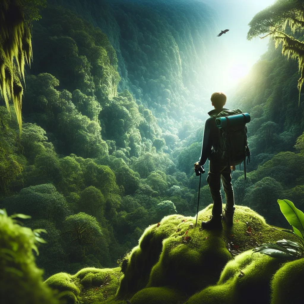 Title: Journey of Curiosity

Description: A captivating image captures the essence of exploration, featuring a lone adventurer standing on the edge of a moss-covered cliff, gazing out into a vast and enchanting forest below. Sunlight filters through the leafy canopy, casting a soft glow on the emerald landscape. The hiker is equipped with a backpack, binoculars, and a walking stick, exuding a sense of wonder and determination as they prepare to embark on a courageous journey of discovery.