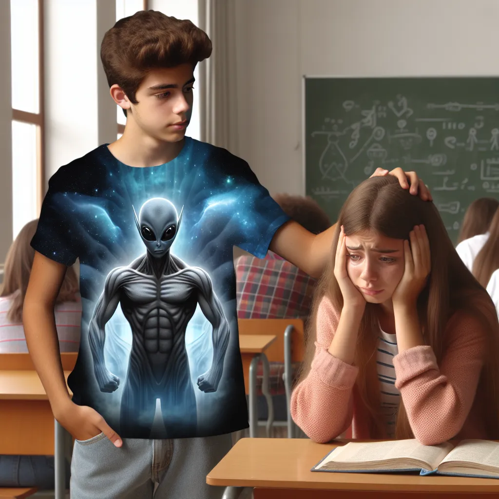 An image of Angel Quinteros, a 16-year-old with the ability to transform into alien beings, standing in a classroom comforting his best friend Kitty, who appears upset.