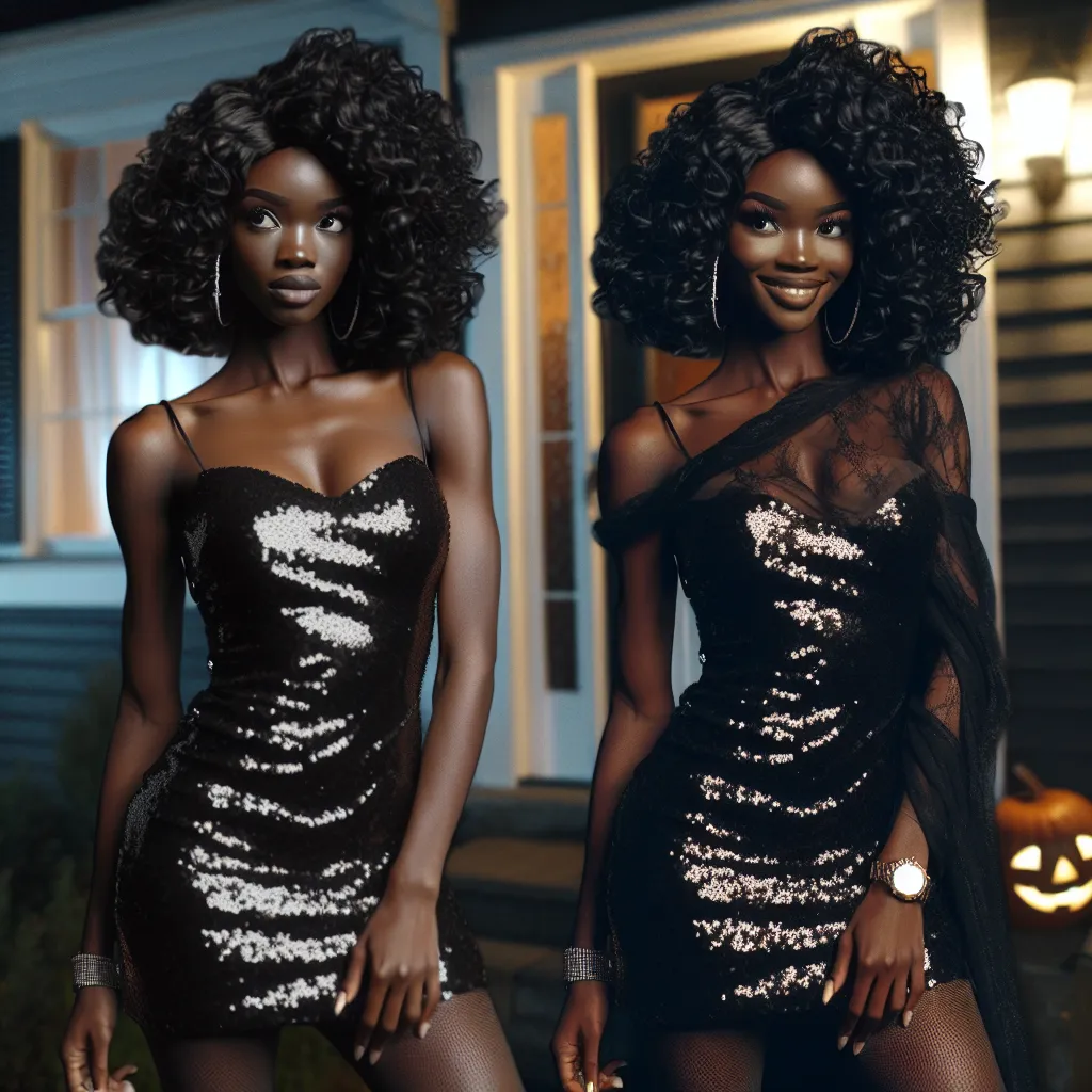 A young woman named Desiree, with curly black hair and a stunning physique, stands proudly in a skimpy sequin dress outside a dark house on Halloween night. She is on a mission to find safety after mysteriously transforming from a young boy named Peter. The image captures Desiree's determination, confidence, and sense of adventure as she navigates the unfamiliar streets, looking both cautious and fearless.