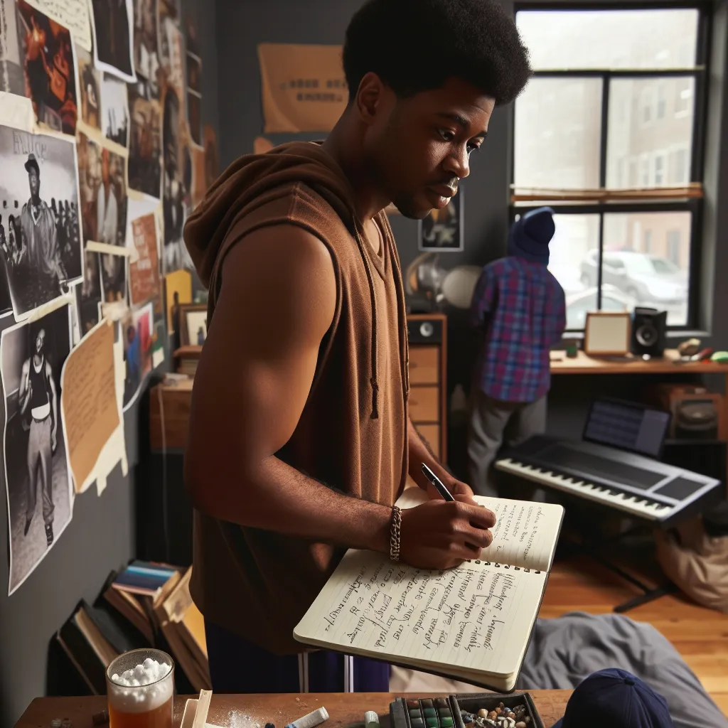 A young man, Malik, stands in his small apartment in Harlem, surrounded by the vibrant sounds and stories of the community. Despite the challenges he faces, Malik rejects the offer of drugs from a childhood friend, choosing instead to pursue his dreams of becoming a rapper. Determined and inspired, he picks up his notebook and begins writing, finding his strength and promise in his words.