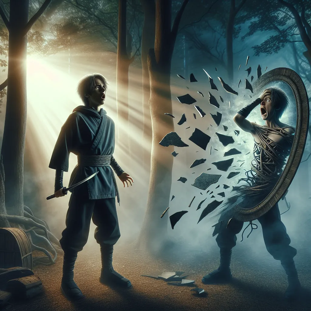 Description: The image depicts Naruto Uzumaki, a young ninja, standing in a mystical forest. The setting is dark and eerie, with filtered sunlight illuminating the scene. Naruto is shown undergoing a dramatic transformation, her body distorting and rearranging. Her expression is one of horror and panic as she struggles to come to terms with her new female form. The broken fragments of an ancient mirror lie scattered around her, symbolizing the cursed object responsible for her metamorphosis.