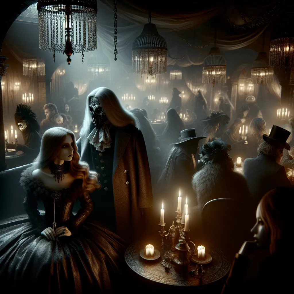 An image of a goth club with dim lights, where patrons dressed in masks and makeup sway to gothic tunes. In the corner, a woman, Sylvia, sits wrapped in shadows, her attention drawn to a mysterious man with long, light-colored hair and a Victorian-style coat. Sylvia, haunted by the disappearance of her sister, approaches the man, feeling an inexplicable connection. They engage in a cryptic conversation, discussing loss and the mysteries of the night. The image should capture the sinister ambianc