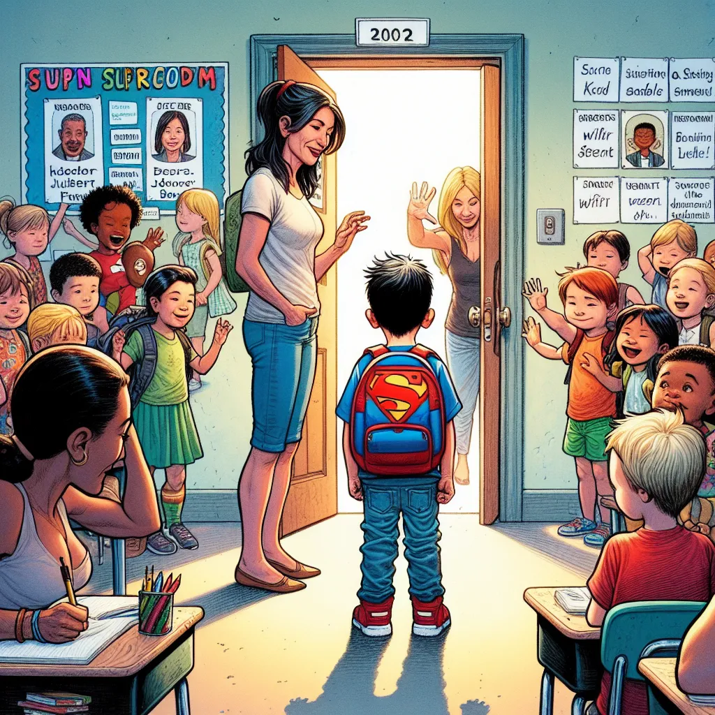 A school-aged child named Bill stands nervously in front of a classroom door on his first day of school, accompanied by his mother, Jessica. Bill wears a red superhero shirt and blue jeans, while Jessica has her hair tied up in a ponytail. Inside the classroom, the students introduce themselves, each mentioning their birthdates and ages. The teacher, Mrs. Claire, addresses the class, and Bill eagerly participates in the day's activities. However, during nap time, an unexpected transformation occ