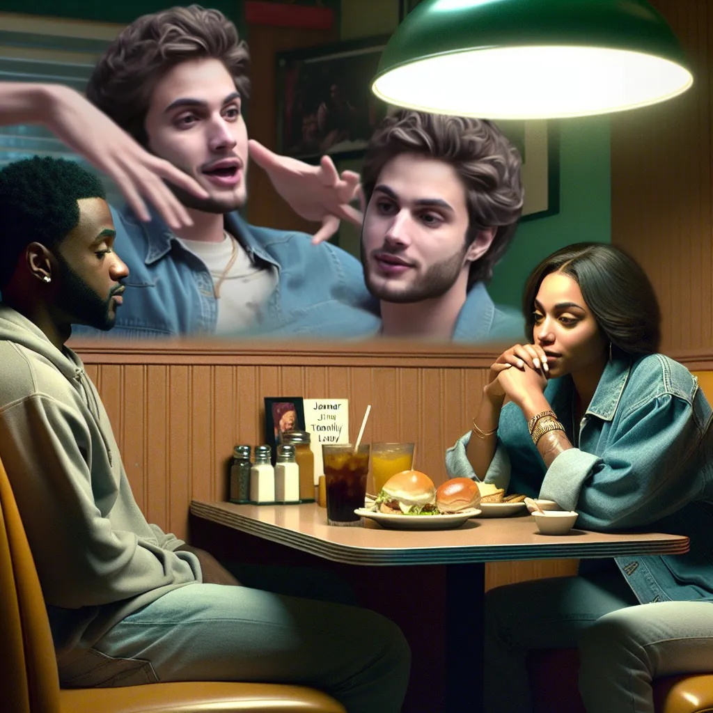 A playful and surreal scene unfolds as Jamar, now inhabiting Layla's body, embraces his new form with unapologetic swagger. Amidst their bizarre reality, Jamar, now "Laymar," navigates life with charm and humor, even envisioning a profitable docuseries. The image captures the duo in a diner, Laymar animatedly sharing his plans while his friend looks on, appreciating their enduring camaraderie amidst the unexpected twist of fate.