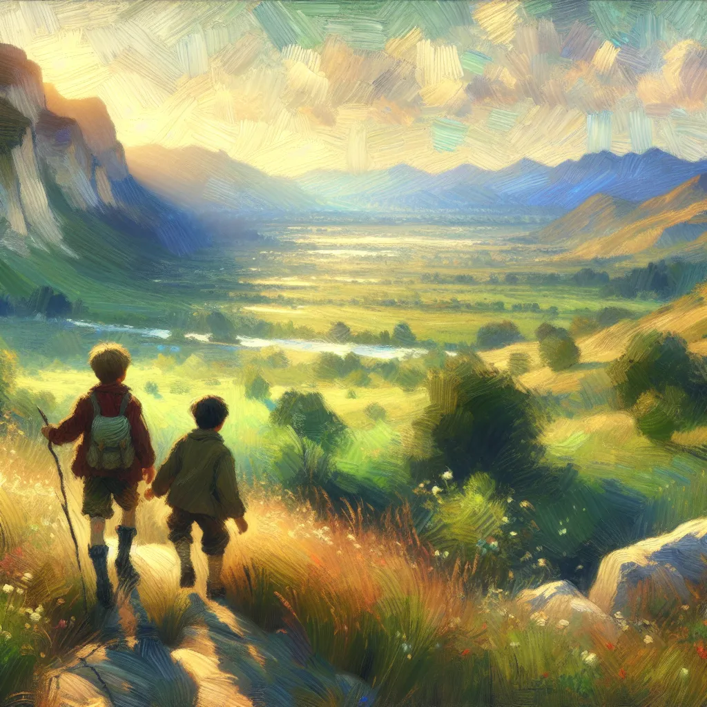 Boy, Child, Transformation, Friendship, Adventure in the style of Monet
