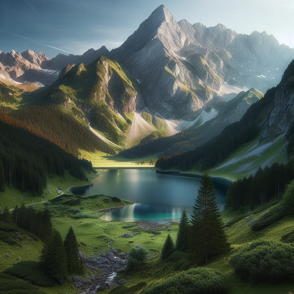 A majestic mountain peak towering above a serene alpine lake nestled in a lush valley.