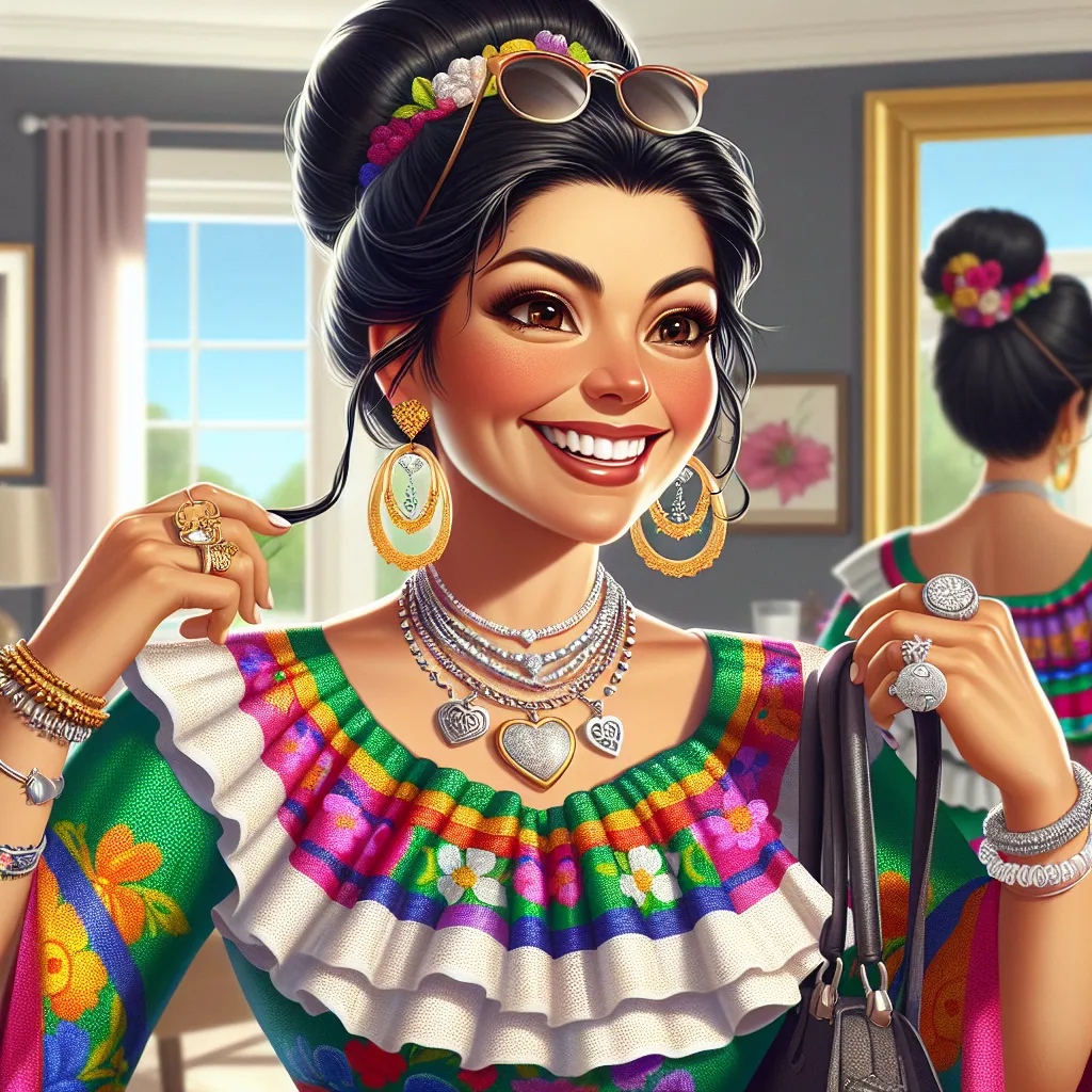 This image will depict a happy and content Maria, a middle-aged woman with olive skin and black hair worn in a traditional bun. She is wearing a brightly colored Mexican dress and is adorned with multiple pieces of jewelry, including large hoop earrings, a wedding ring, a gold necklace with a heart pendant, a silver charm bracelet, and diamond stud earrings. She is also wearing a mother of pearl brooch. Maria is confidently standing in front of a mirror, adjusting her sunglasses and holding her 