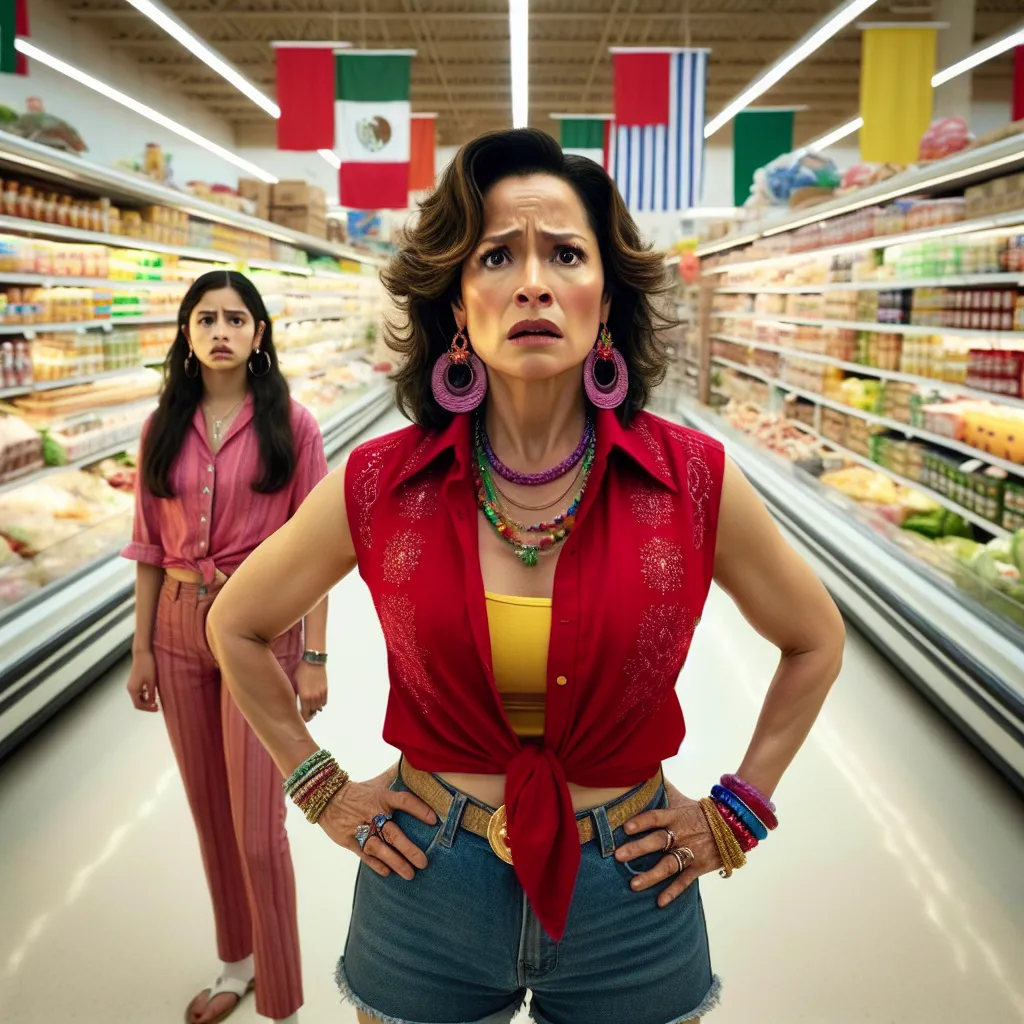 The image would depict a young boy named Eli, transformed into a Mexican woman named Rosa María, standing in a grocery store aisle. Rosa María is wearing a vibrant red tank top, denim shorts, and colorful jewelry. She looks bewildered and anxious as she struggles to adapt to her new appearance and surroundings. In the background, her daughter Lucia watches on with concern, adding to the atmosphere of the scene.