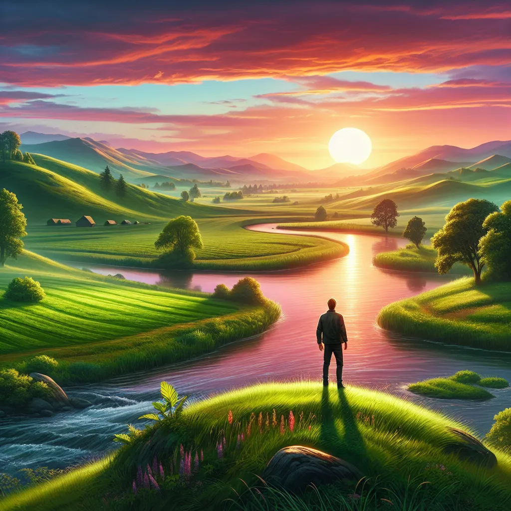 Sure! Here's a concise description for the image:

"A serene landscape with lush green fields, a winding river, and a vibrant sunset sky. A solitary figure stands at the edge of the riverbank, overlooking the picturesque scenery, lost in thought."