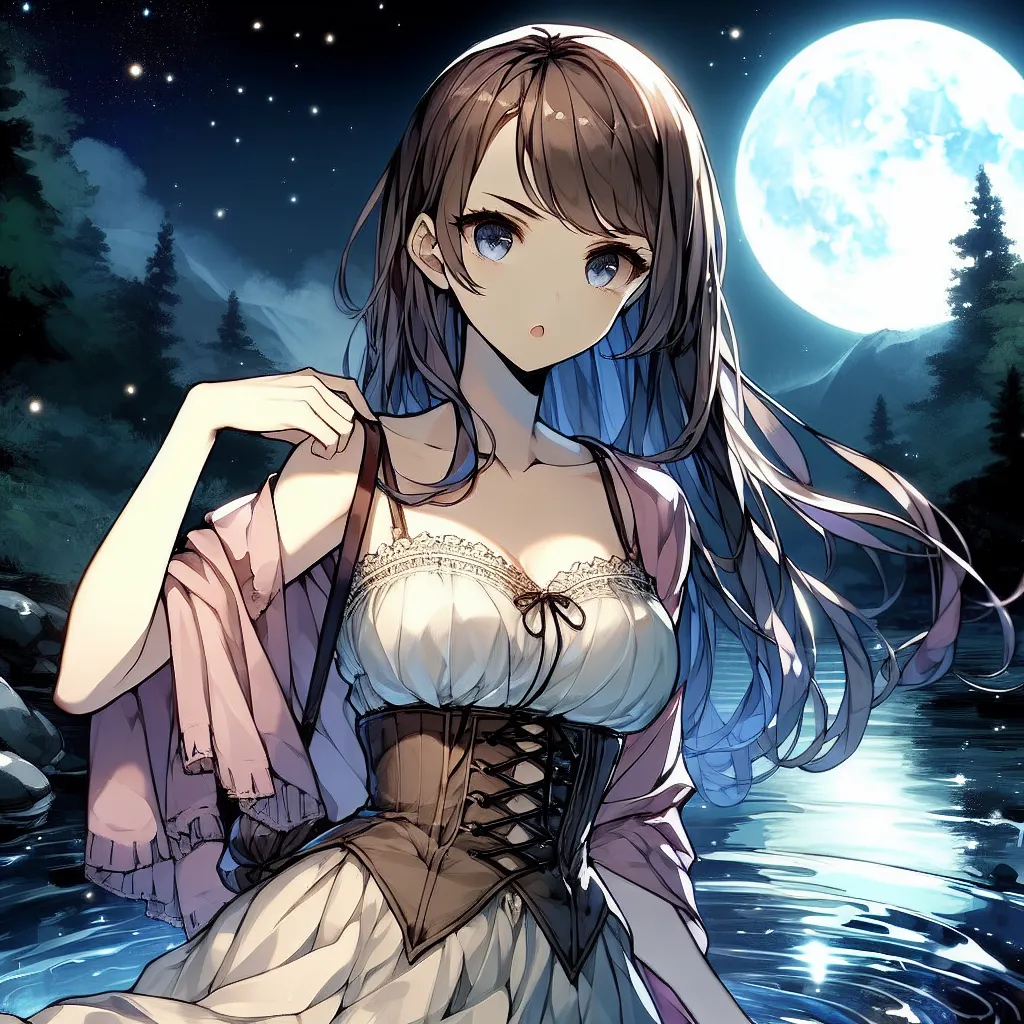 Description: The image shows a young woman, Naruto Uzumaki, standing by a tranquil stream in the moonlight. She is going through a transformation - her features becoming more feminine, her clothes adapting to her changing body. Despite the struggles, she embraces her new reality with determination and confidence.