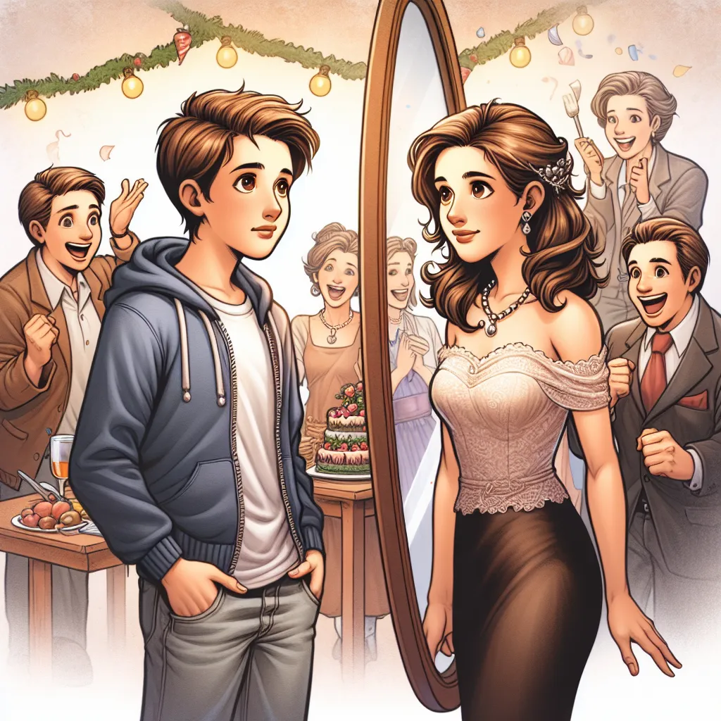 A detailed narrative of a boy named Alex's gradual transformation into a woman named Juana Rivera, including vivid descriptions of the physical and emotional changes as she adapts to her new life, culminating in a heartwarming family celebration.
