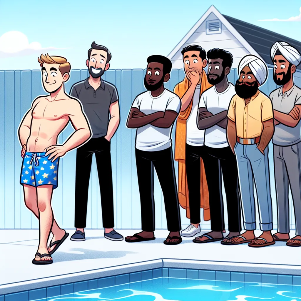 A comical image depicting a man in a one-piece swimsuit, confidently strutting by a pool, surrounded by a line of smitten men.