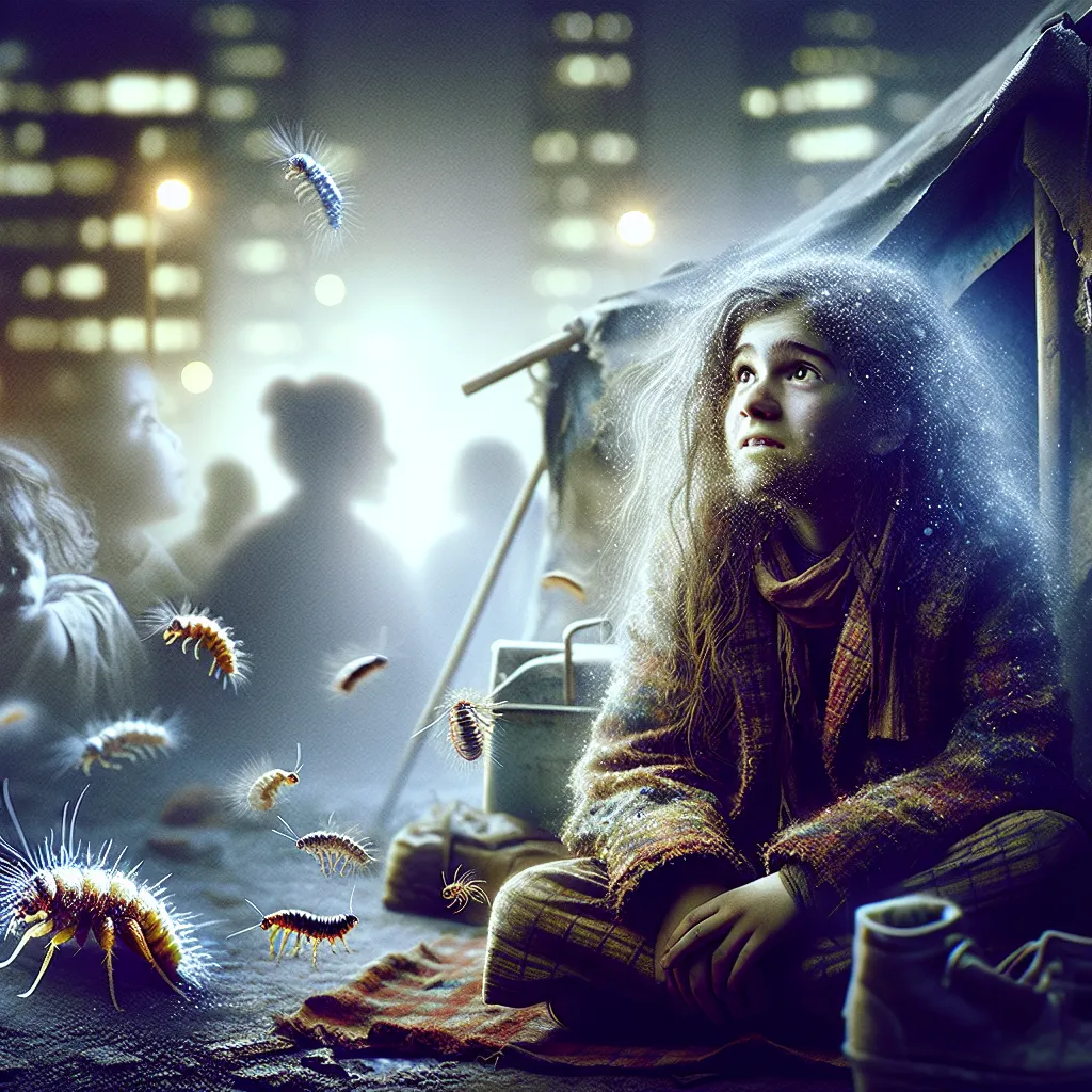 A somber, intimate scene showing Madoka Kaname transformed into Dawn’s homeless state: a young girl with tangled, patchy hair and worn clothes, sitting in a tattered tent on a cold city street at night. Around her, crawling lice and cockroaches emphasize hardship, while faint spectral images of her former school uniform and friends linger in the background, symbolizing lost innocence and swapped lives. The mood is melancholic but hopeful, capturing Madoka’s ordeal and enduring spirit amidst adve