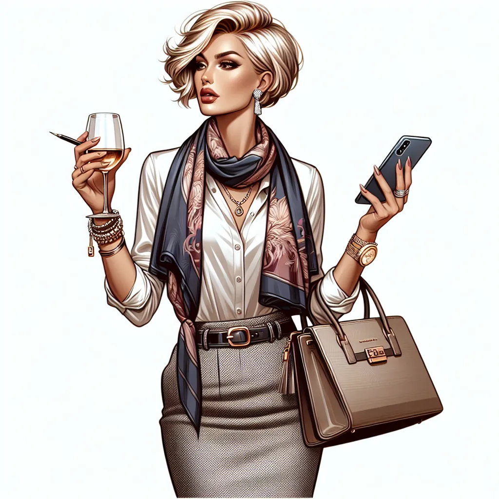 A digital artwork depicting a confident woman, Natalie Pearson, dressed in a stylish blouse and pencil skirt, accessorized with a scarf, bracelets, and a handbag. Her short blonde hair is perfectly styled, and she wears sparkly earrings. Natalie holds a glass of wine in one hand and her smartphone in the other, ready to engage in a phone call. The image captures Natalie's assertive presence, as she embraces her role as the neighborhood Karen, a no-nonsense individual who is unafraid to confront 